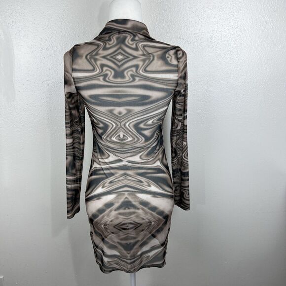 Miss Lola Dress Women Small Brown Retro Mesh Long Sleeve Button Up Casual Mini - Picture 2 of 15